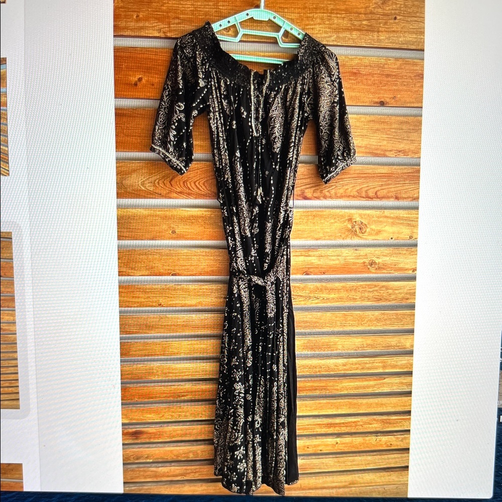Poupette St Barth Black Gold Metallic Off Shoulder Slit Side Maxi Dress